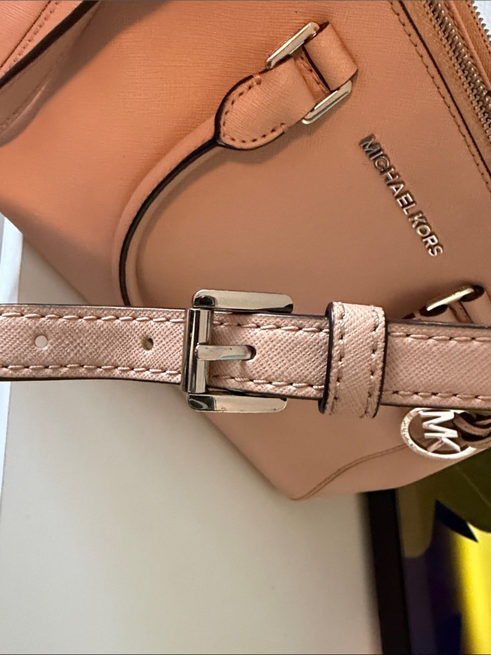 Michael Kors Peach/Pink Saffiano Leather Satchel with MK Charm - Picture 14 of 14